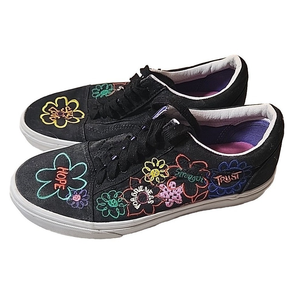 Vans Old Skool Black‎ Embroidered Flower "Hope Strength Trust" Shoes Women 8.5